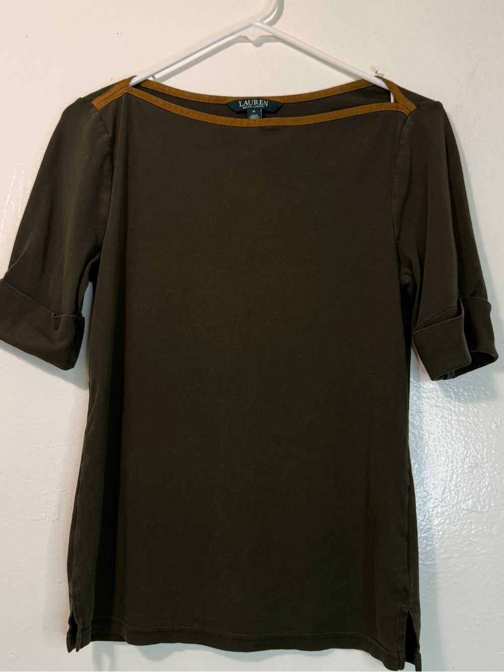 Lauren Ralph Lauren Olive Green Boatneck Top Faux Suede Trim M